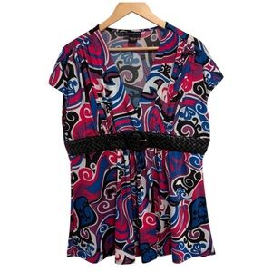 Request Capped Sleeve Short Sleeve Patterned V-Neck Top Black Belt
